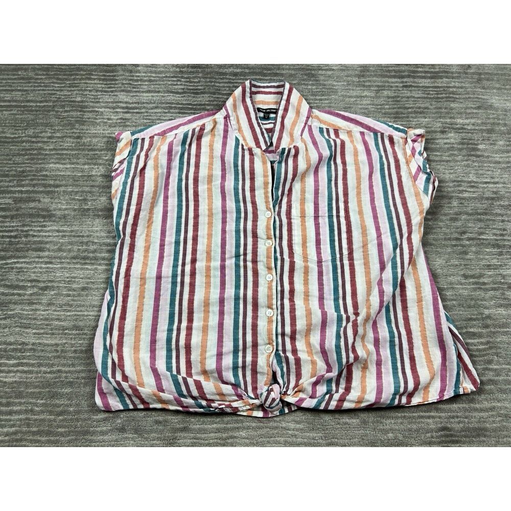 Unique Spectrum Top Womens 1X Multicolor Striped Metallic Short Sleeve Button Up